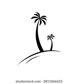 Two black palm trees tall short silhouette tropical island beach artistic graphic.