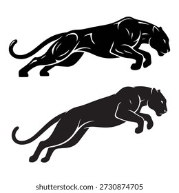 Duas silhuetas de pantera preta saltando e correndo isoladas sobre fundo branco