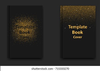 Two black paper closed books gold glitter cover template with binding and glaring edges, editable vector  mockup on dark background with soft shadow