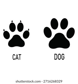 Dos huellas de patas negras, un gato y un perro, sobre un fondo blanco puro, Elementos de diseño simples