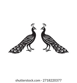 Dos pavos reales negros enfrentados con colas y crestas ornamentadas de pájaros