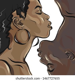 Two black people opposite each other. Man and woman before a kiss. Hot couple. Romance and passion. African American couple. Postcard. Vector.