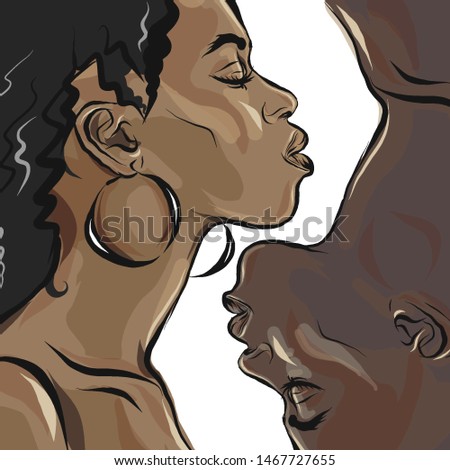 Two black people opposite each other. Man and woman before a kiss. Hot couple. Romance and passion. African American couple. Postcard. Vector.