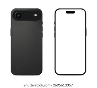 Dos teléfonos negros que muestran la pantalla en blanco frontal y la vista posterior aislados en blanco