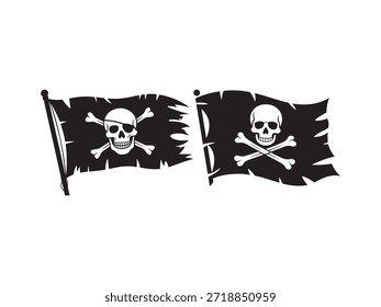 Zwei schwarze Piratenflaggen mit Totenkopf und Kreuzknochen auf weißem Hintergrund Jolly Roger
