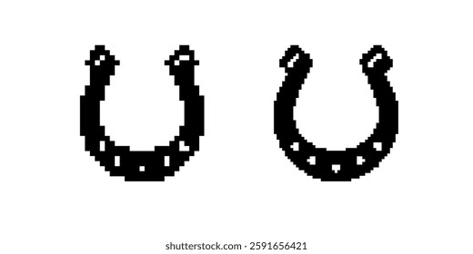 Two black pixelated horseshoes facing down, each featuring small square components on their surface.