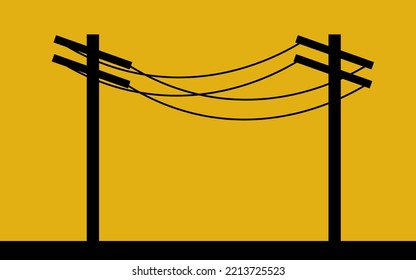 Two black power poles between them are power lines stretched with yellow background
