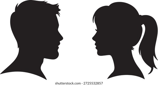 Zwei Silhouetten mit schwarzem Profil, ein Mann und eine Frau mit einem Pferdeschwanz, die auf einfarbigem weißem Hintergrund aufeinander zuschauen.