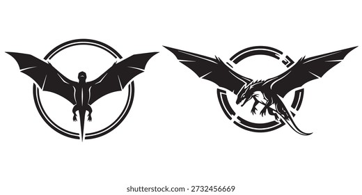 Duas silhuetas pretas de pterodátilo voando sobre fundo branco eps 10