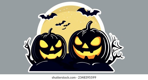 Two black pumpkins, against the background of the moon and bats. Vector sticker of two smiling and black Jack-o-lanterns.