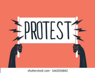 Two black raised up hands silhouette holding white banner with Protest caption on it. Revolution, demonstration, manifestation themed vector illustration. - Shutterstock ID 1663256842