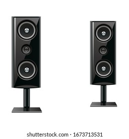 Two black rectangular acoustic columns with three speakers stand on an isolated background. Vector graphics