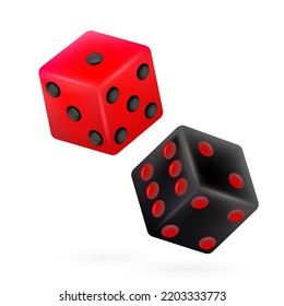 Two black and red dices isolated on white background. Vector illustration of game concept