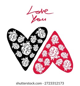 Dos corazones negros y rojos llenos de corazones anatómicos dibujados a mano. Te amo ilustración romántica que simboliza pareja, relación y profunda conexión emocional.