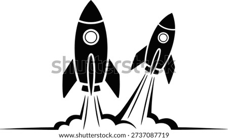 Two black rockets launch in unison from the ground with smoke plumes, signifying collaborative progress and startup momentum.
