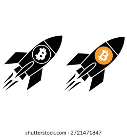 Dos cohetes negros con símbolos bitcoin blancos y naranjas volando hacia arriba