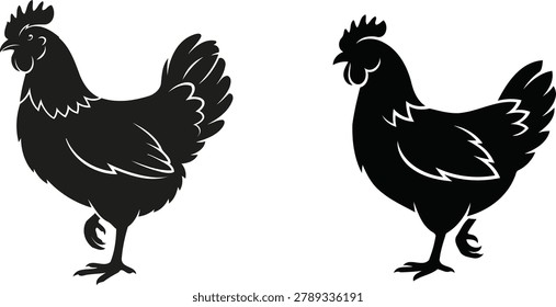 Two black rooster silhouettes are depicted in profile, facing opposite directions, showcasing a distinctive silhouette style.