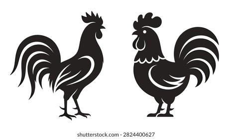 Two black rooster silhouettes standing facing each other for farm branding and rustic decor