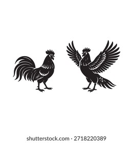 Dois galos pretos um de pé um com asas espalhadas no fundo branco frango pássaro