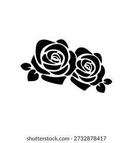 Two black roses with leaves in a simple stylized graphic design