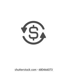 Two black round arrows with dollar sign. Flat icon. Isolated on white. Currency exchange icon. Good for web and software interfaces. Vector illustration. Money Turnover icon.