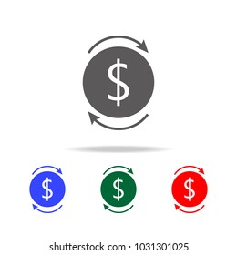 Two black round arrows with money icon. Elements in multi colored icons for mobile concept and web apps. Icons for website design and development, app development on white background
