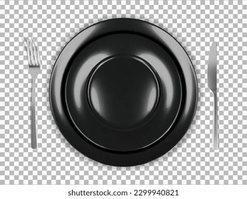 Two black round empty plates top view with fork and knife