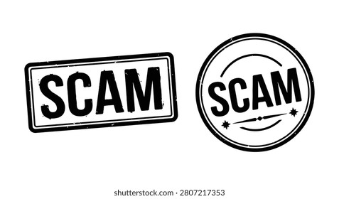 Two Black Rubber Stamps Featuring The Word Scam Rectangular And Circular Silhouette fraud deception trickery swindle