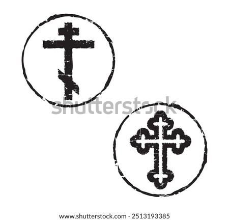 Two black rubber stamps with Orthodox crosses in the middle.