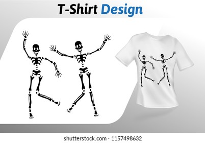 Two black sceletons dancing t-shirt print. Funny mock up t-shirt design template. Vector template, isolated on white background.