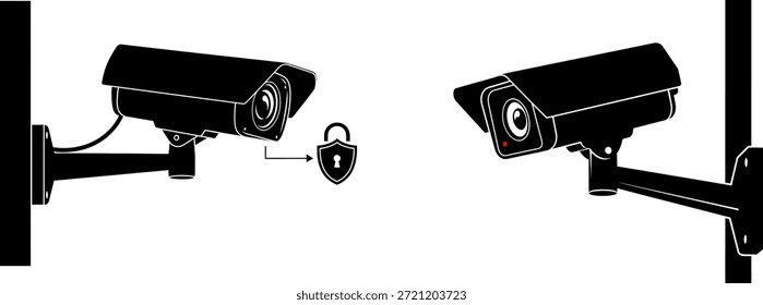 Duas câmeras de segurança pretas montadas em postes para vigilância e monitoramento ao ar livre