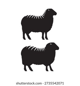 Two black sheep silhouettes standing on white, representing woolly farm animals and domestic livestock. Ovine mammals depicted in a simple rural farm vector illustration.