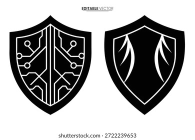 Two black shield emblems with distinct, stylized designs are presented in a vector graphic format.