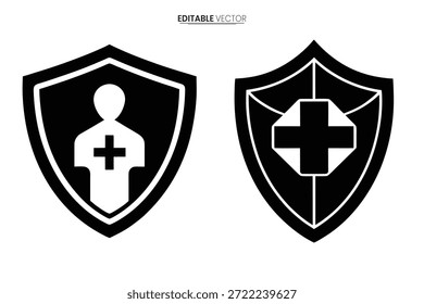Dos iconos de escudo negro con símbolos médicos blancos que indican servicios de salud, seguridad y protección.
