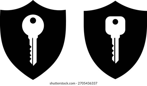 Two black shields with white keys inside on white background security protection