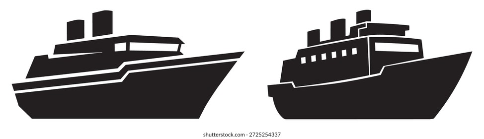Dos siluetas negras del barco que muestran los perfiles del transbordador de pasajeros y del buque de carga. Gráficos de Ilustración vectorial náutica.
