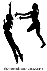 Two black the sileet of the girls jumping on a white background. Jump, fun, summer.