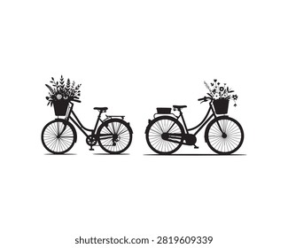 Two black silhouette bicycles with baskets full of flowers parked side by side on white background Keywords: bicycles, bikes