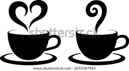 Two black silhouette coffee cups on saucers. One cup has steam rising in a heart shape, the other in a swirl.
