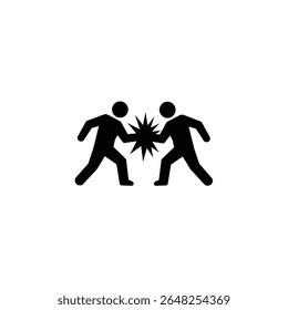 Duas figuras de silhueta preta se chocando contra um fundo branco, uma estrela central mostra o impacto. O estilo é simples e mínimo.