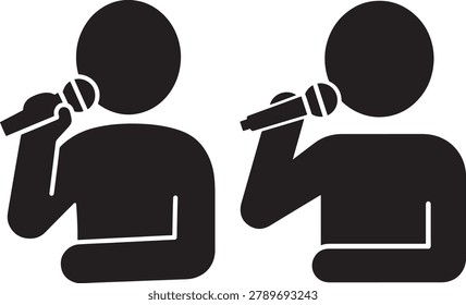Two black silhouette figures holding microphones. Singers performing on stage or in studio. Music performance and vocal icon.