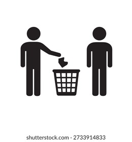 Two black silhouette figures one throwing trash into bin another standing white person people