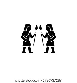 Two black silhouette figures resembling ancient warriors holding spears, facing each other on a white background, suggesting a symbolic confrontation or tribal interaction.
