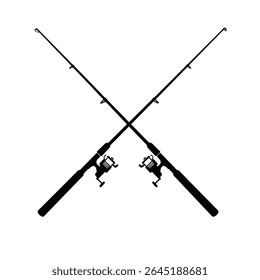 Two black silhouette fishing rods are crossed in the center against a white background The image is a simple vector illustration with a minimalist style.
