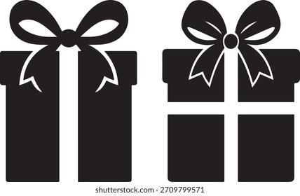 Dos cajas de regalo negras de la silueta con los lazos de la cinta en un fondo blanco. Perfecto para fiestas, cumpleaños, celebraciones y conceptos sorpresa.