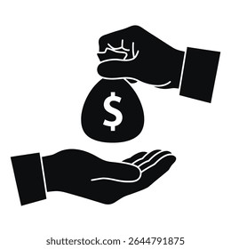 Two black silhouette hands exchanging a money bag with a dollar sign against a white background simple graphic design