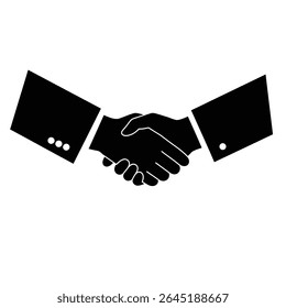 Two black silhouette hands shaking against a white background The image is a simple vector graphic depicting a business agreement