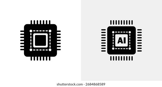 Dos iconos de silueta negros de microchips de computadora se muestran uno al lado del otro sobre un fondo blanco y gris dividido.
