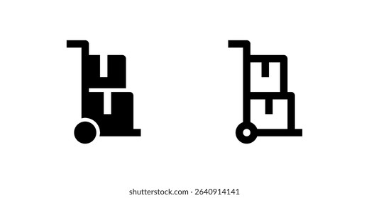 Two black silhouette icons of dolly cart with stacked boxes. Symbolizes delivery, moving, logistics, or transportation of goods. Useful for shipping, warehouse, or e-commerce delivery services.