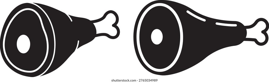 Two black silhouette icons of ham legs, representing food and drink.